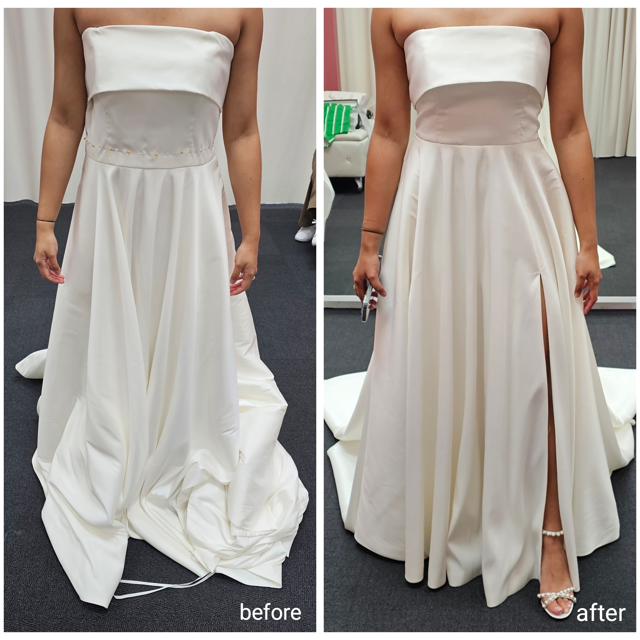 Before and after of tailored white dress.